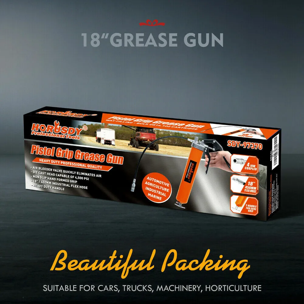 18'' Manual Pistol Grip Grease Gun | Flow Pressure 4500PSI | Flexi Hose & Coupler