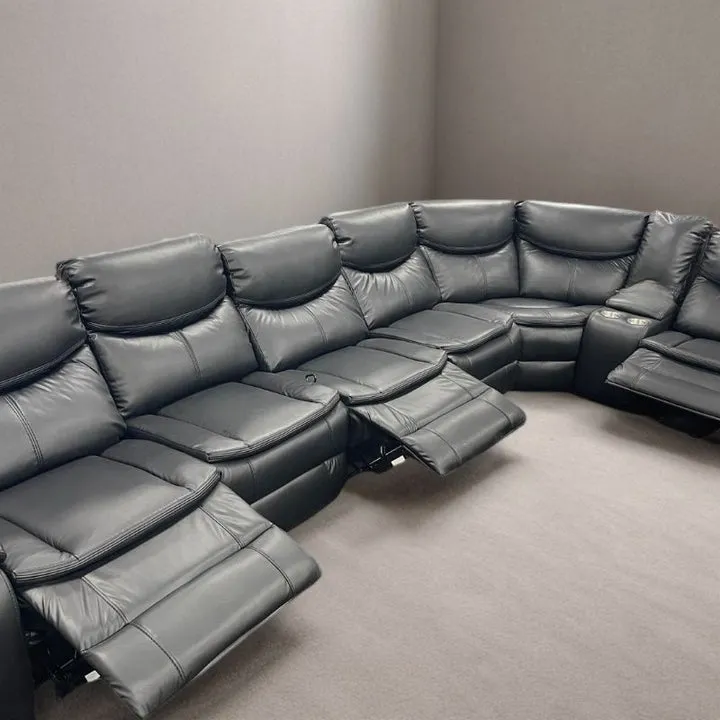 6 Seater Modular Corner Leather Manual Recliner Sofa | Black