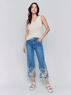 Cropped Flare Leg Jeans with Lace Hem - Medium Blue