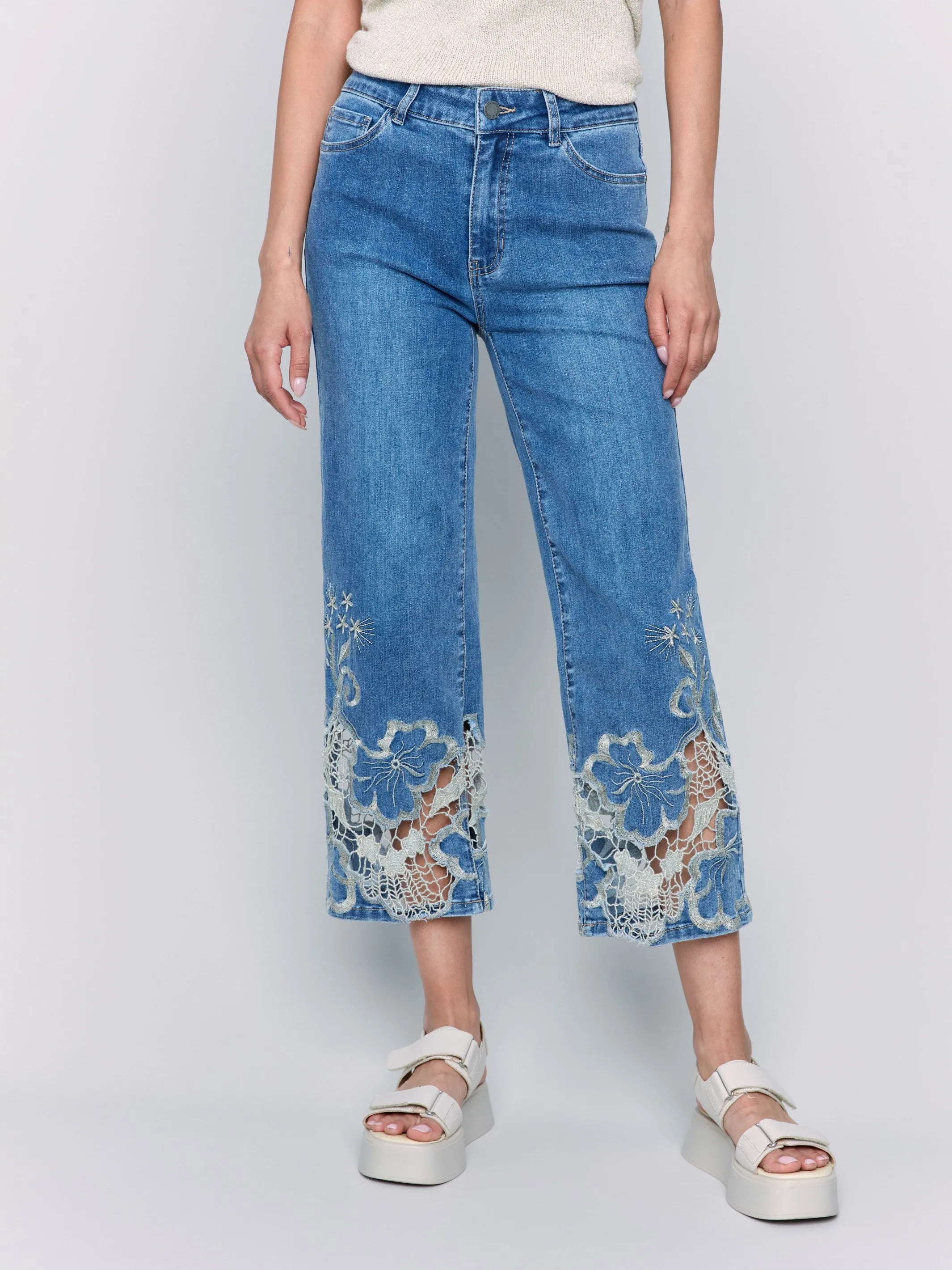 Cropped Flare Leg Jeans with Lace Hem - Medium Blue