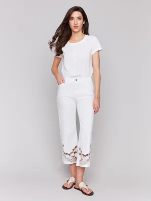 Cropped Flare Leg Jeans with Lace Hem - White